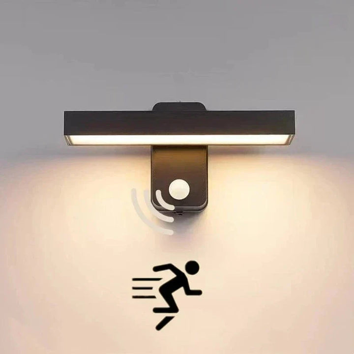 Luz de pared exterior LED con sensor PIR, giratoria, IP65. Ideal para jardín, seguridad y entradas.