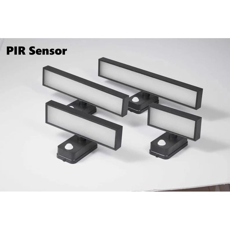 Vista frontal de luz de pared exterior LED IP65 con sensor PIR, ideal para entradas de garaje.