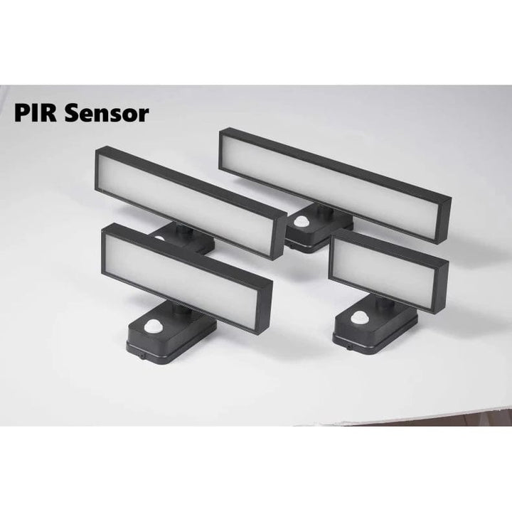 Vista frontal de luz de pared exterior LED IP65 con sensor PIR, ideal para entradas de garaje.