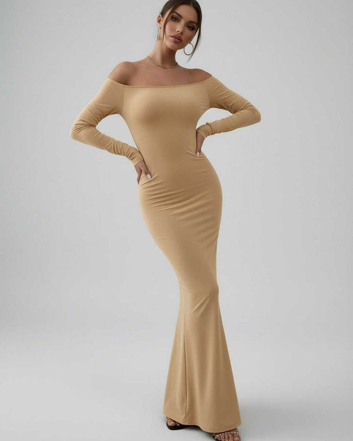 Vestido maxi de mujer blanco, elegante y formal, con escote off-shoulder y manga larga. Ideal para noche.