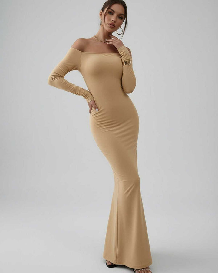 Vestido de fiesta blanco off-shoulder para mujer, manga larga y silueta ajustada. Elegante vestido maxi.