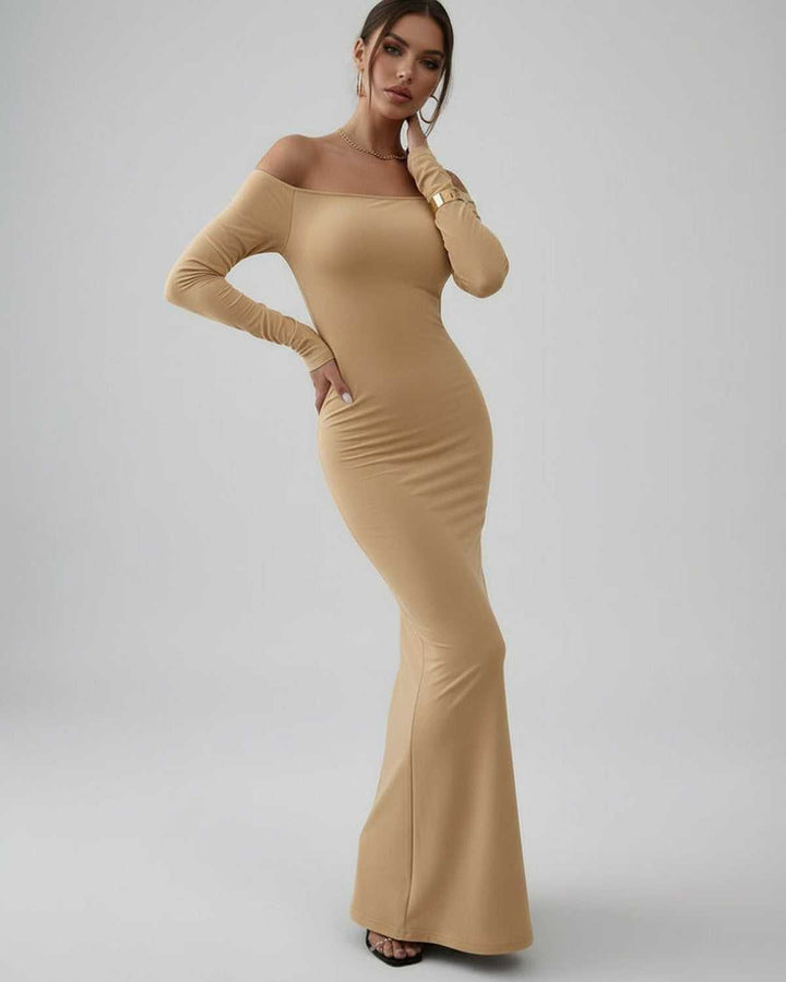 Vestido maxi off-shoulder blanco, elegante y de silueta ajustada. Perfecto para eventos formales o fiestas.