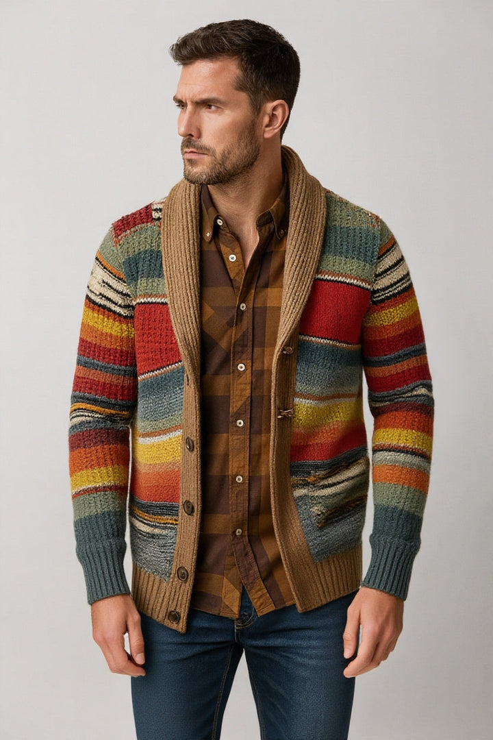 Chaqueta de punto a rayas para hombre, tejido suave. Prenda versátil y atemporal de moda casual.