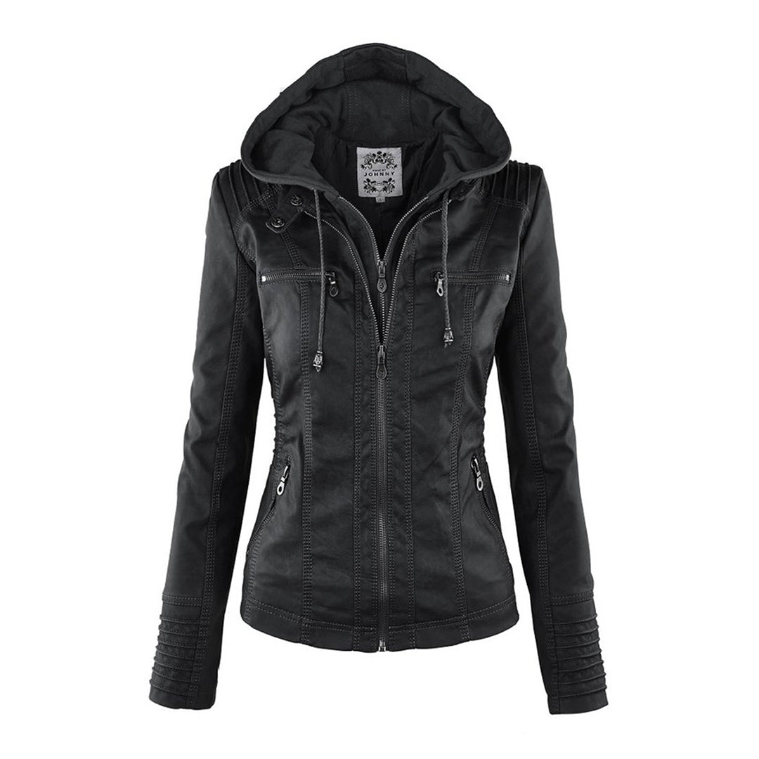 Chaqueta de cuero ajustada para mujer, ideal para estilo urbano en invierno.