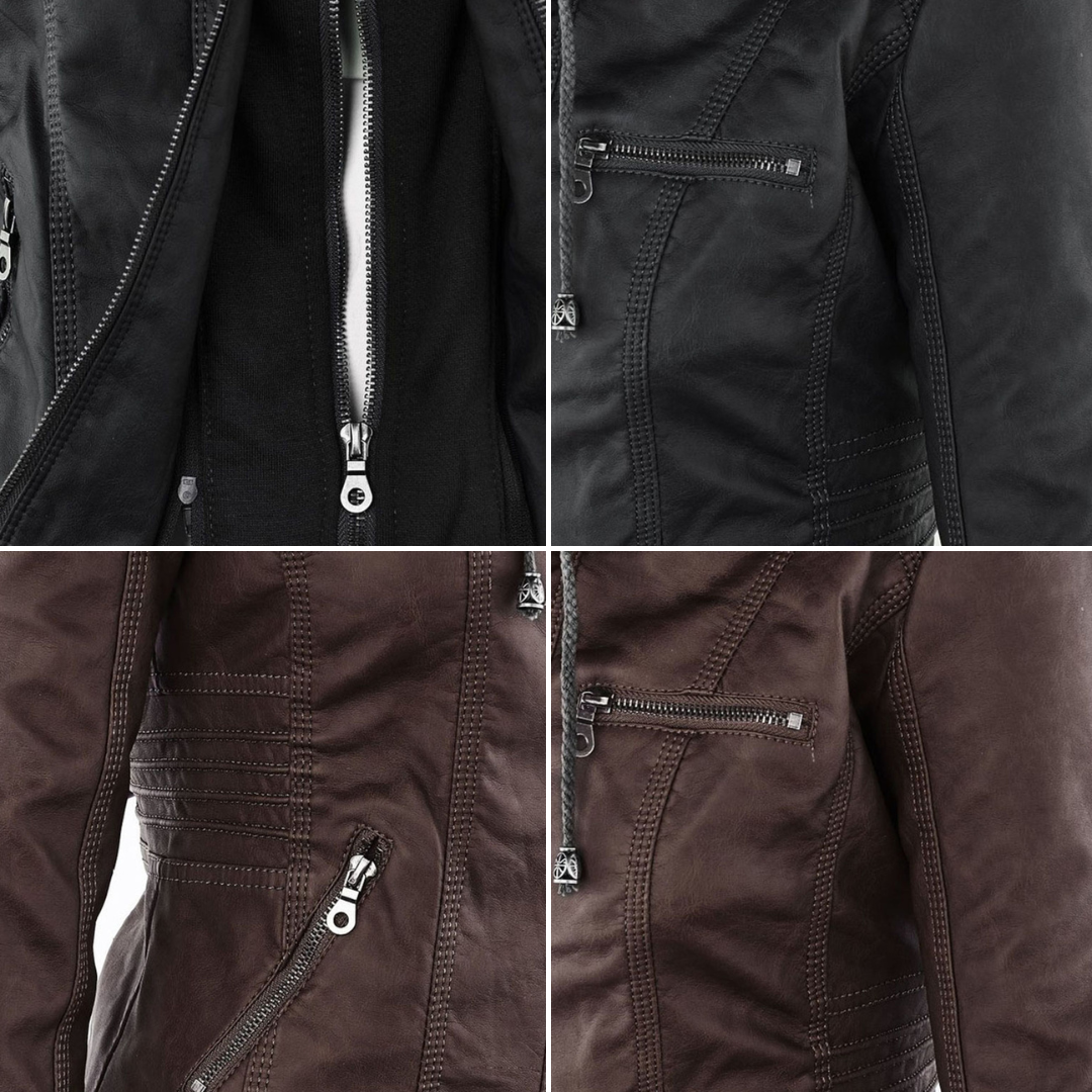 Chaqueta de cuero ajustada para mujer, estilo urbano, con capucha y cortavientos.