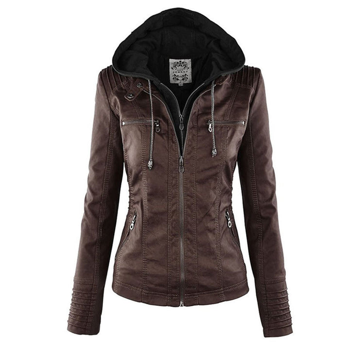 Moda invierno: Chaqueta de cuero para mujer, cortavientos y capucha.