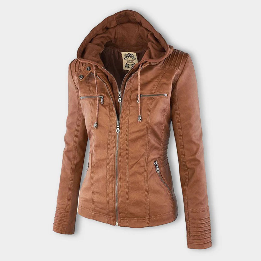 Chaqueta impermeable de cuero para mujer, estilo urbano y elegante.