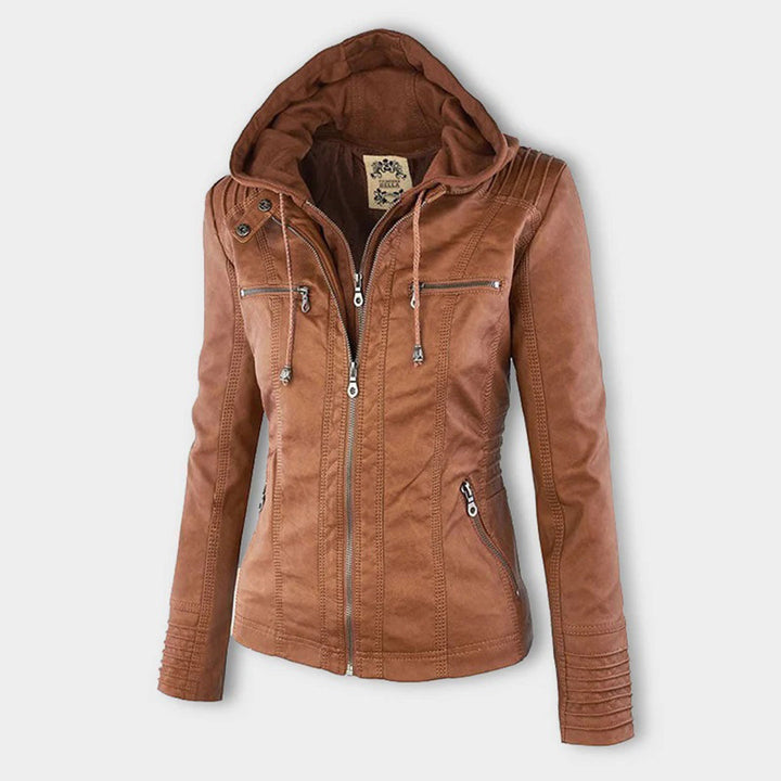 Chaqueta impermeable de cuero para mujer, estilo urbano y elegante.