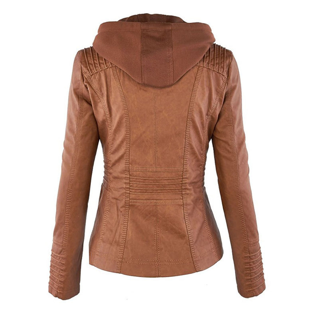 Chaqueta de cuero para mujer, impermeable, con capucha y diseño ajustado.