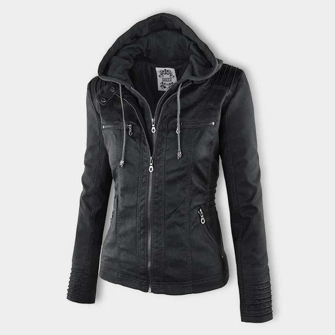 Cortavientos de cuero para mujer, ideal para moda invierno urbana.