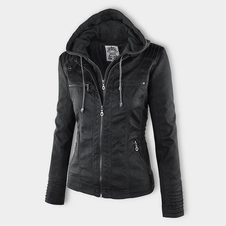 Cortavientos de cuero para mujer, ideal para moda invierno urbana.