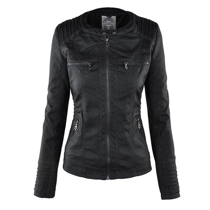 Chaqueta de cuero negra para mujer, con capucha y protección impermeable.