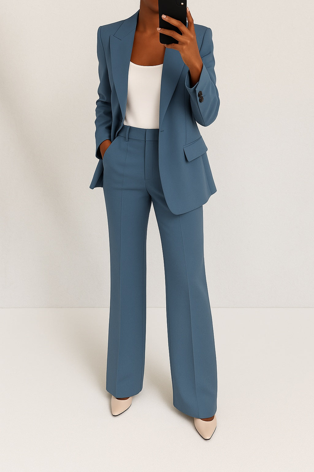 Blazer de mujer formal y pantalón recto, conjunto elegante para negocios y estilo profesional.