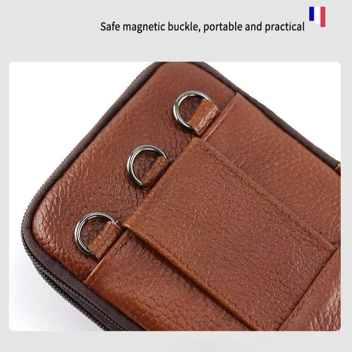 Elegante bolso cruzado de hombre en cuero con acabado vintage. Accesorios de viaje funcionales.