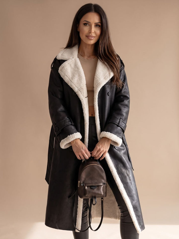 Abrigo de invierno largo para mujer, estilo cruzado y doble botonadura con cinturón. Forro sherpa suave.