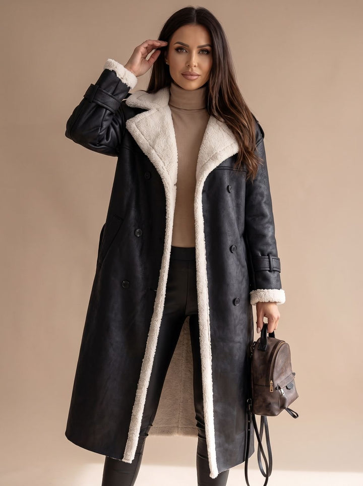 Abrigo largo de moda para mujer, estilo cruzado con cinturón. Interior sherpa para calidez en invierno.
