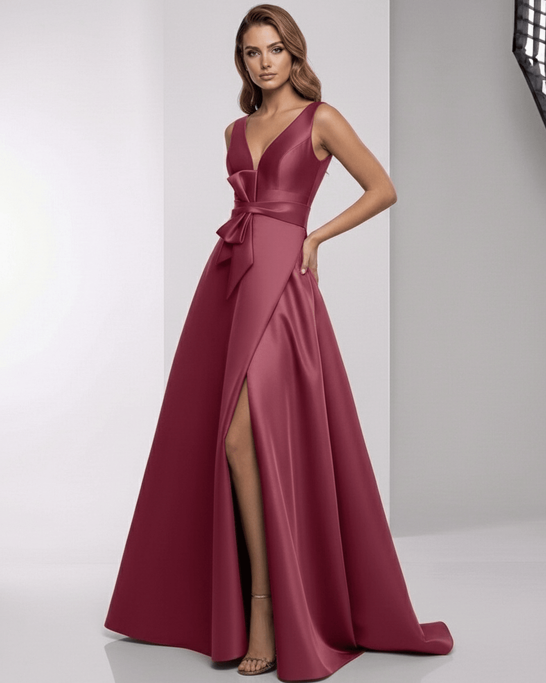 Vestido maxi blanco de noche con bolsillos ocultos y elegante abertura, ideal para eventos formales.