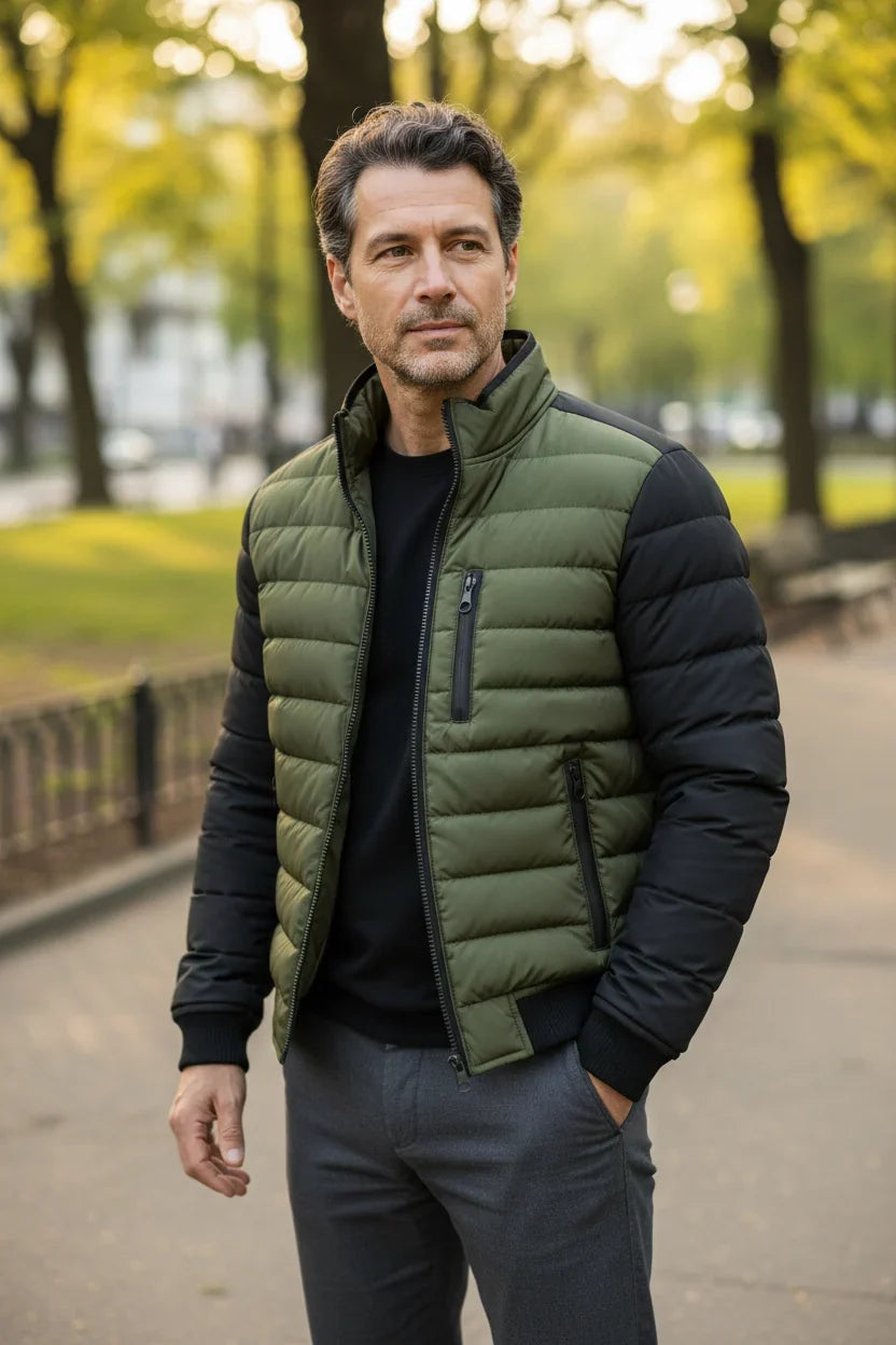 Chaqueta de invierno acolchada para hombre, verde militar. Abrigo casual y versátil para el estilo urbano masculino.