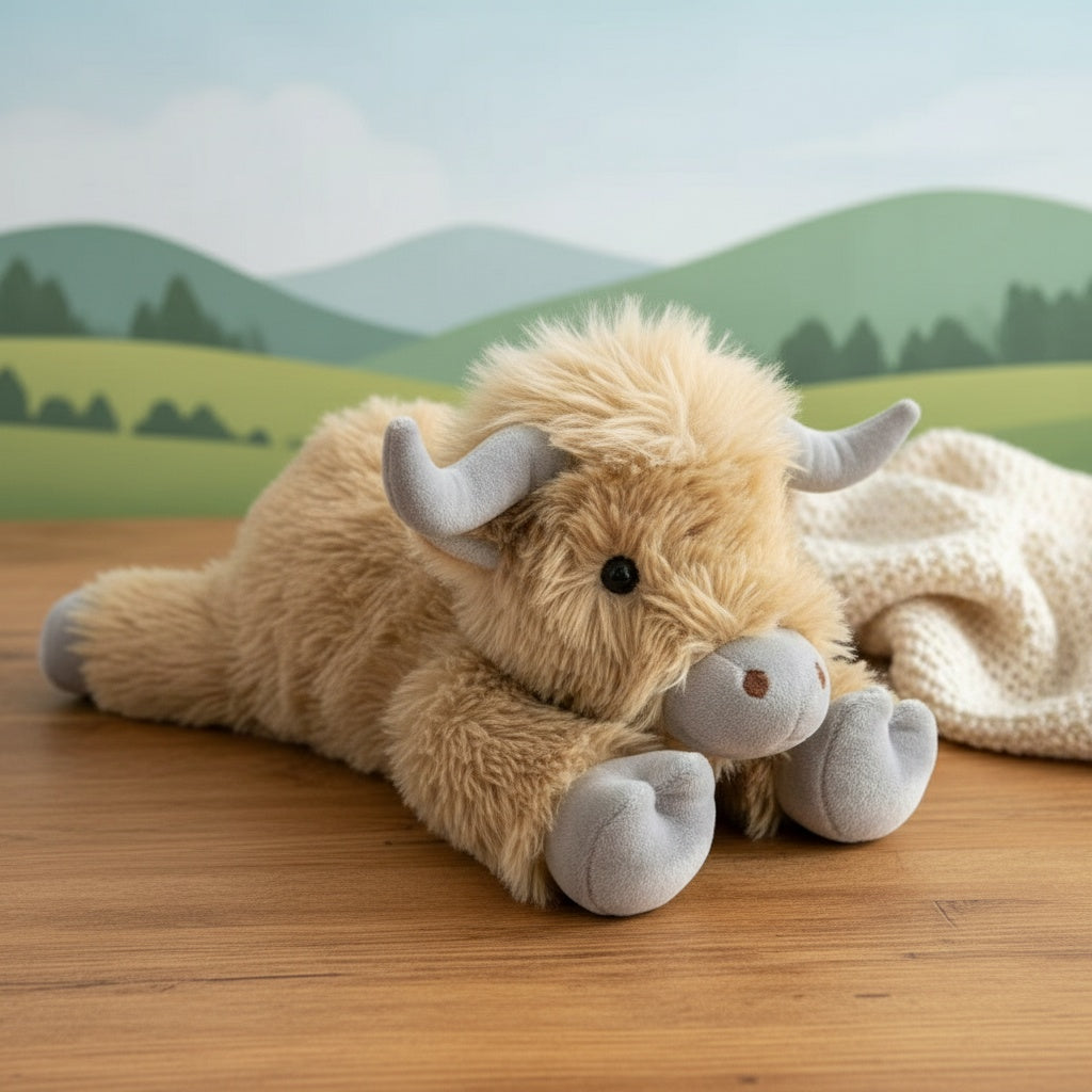 Primer plano de peluche Vaca Highland, textura suave y cuernos realistas. Juguete tierno, regalo perfecto para niños.