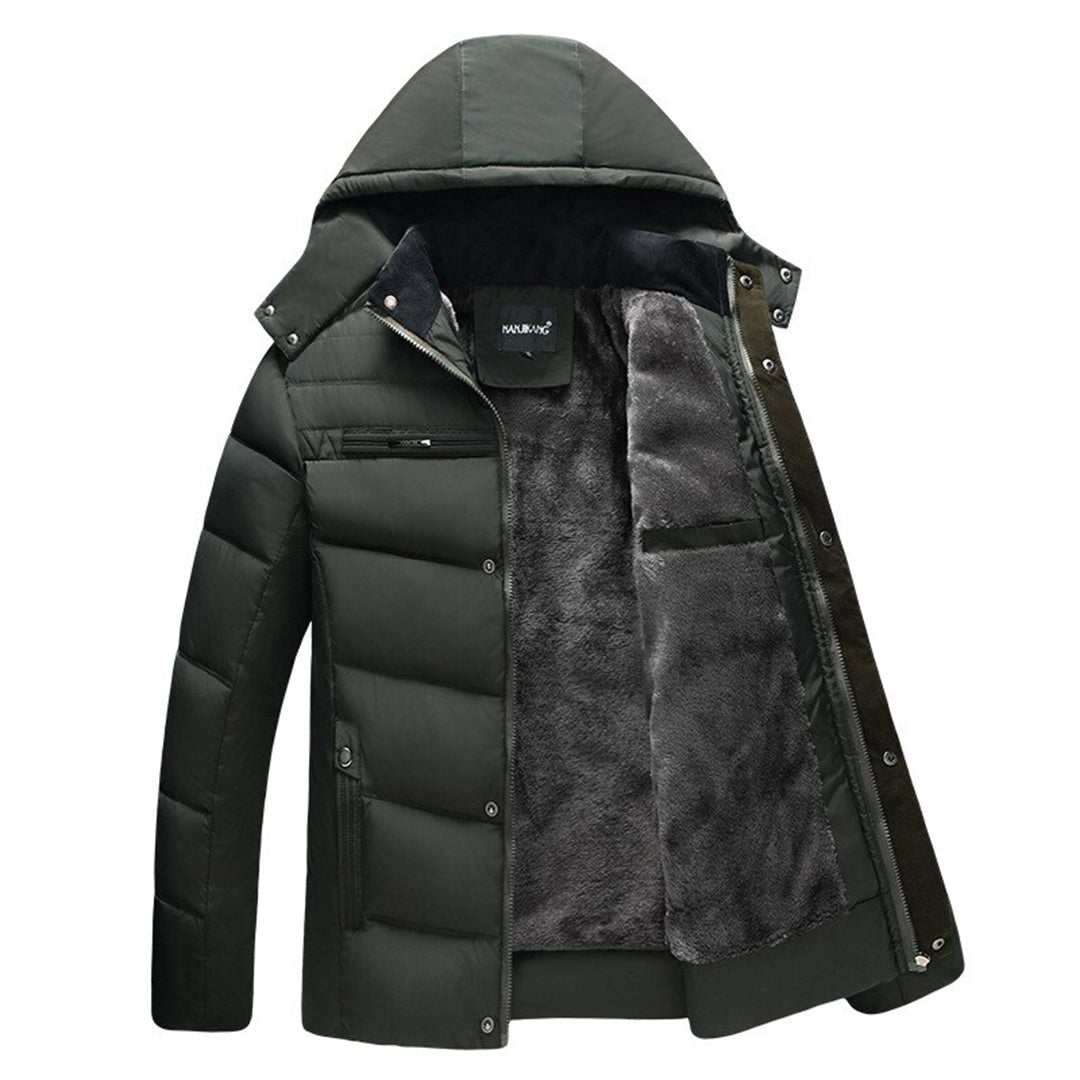 Abrigo de invierno para hombre, acolchado tipo puffer con capucha. Resistente al frío, ideal para actividades al exterior.