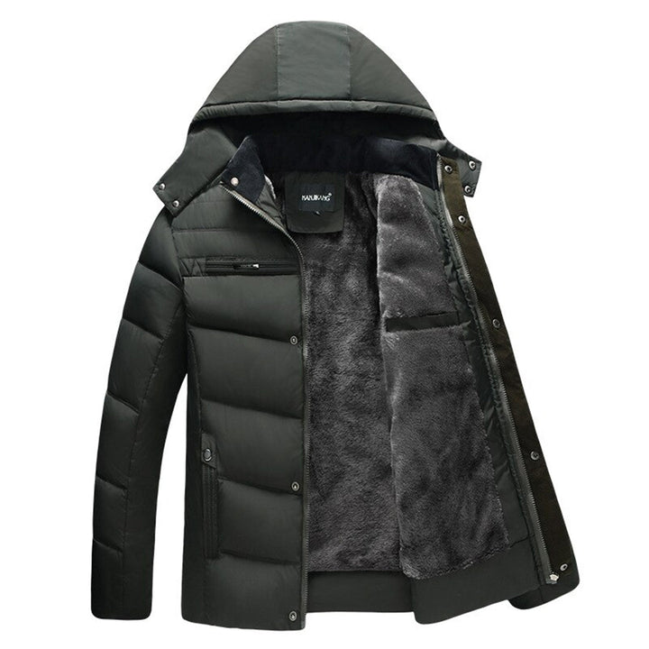 Abrigo de invierno para hombre, acolchado tipo puffer con capucha. Resistente al frío, ideal para actividades al exterior.
