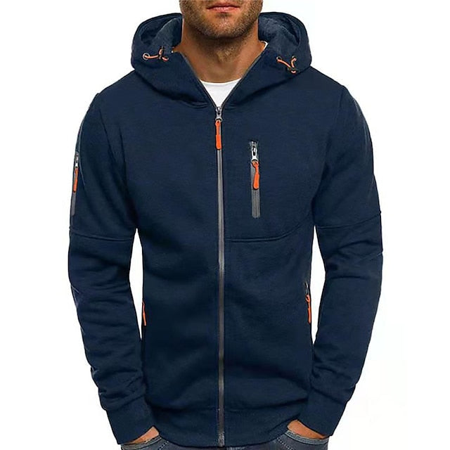 Chaqueta con capucha y bolsillos, prenda esencial de ropa masculina. Estilo moderno para primavera y otoño.