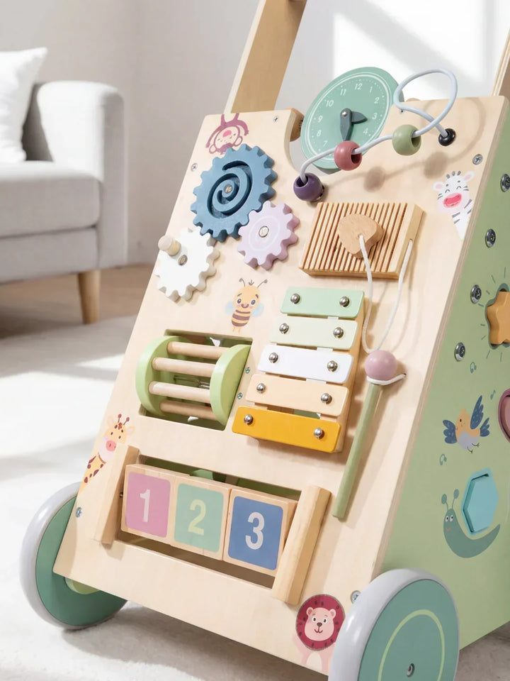 Juguete andador de madera ecológica para bebés, centro de actividades didácticas con motivos de jardín.