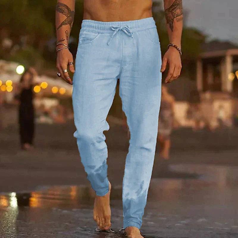 Pantalones casuales de lino LinoVibe para hombre. Frescos, cómodos y con estilo urbano versátil para el verano.