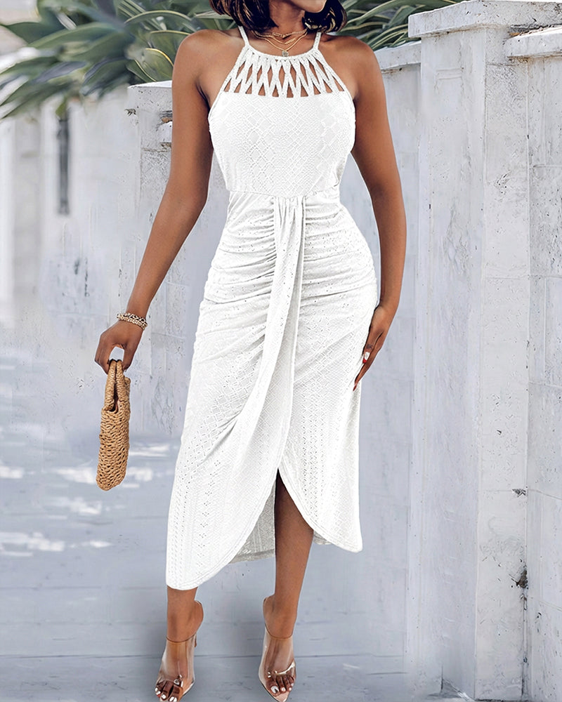 Vestido de vacaciones para mujer, midi con abertura y cuello halter.