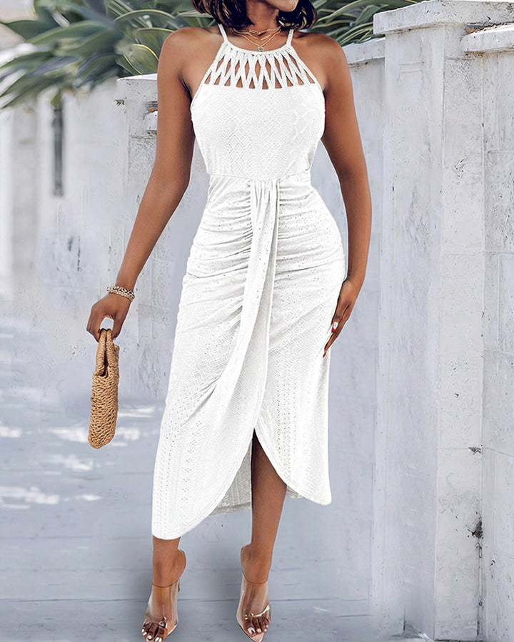 Vestido de vacaciones para mujer, midi con abertura y cuello halter.