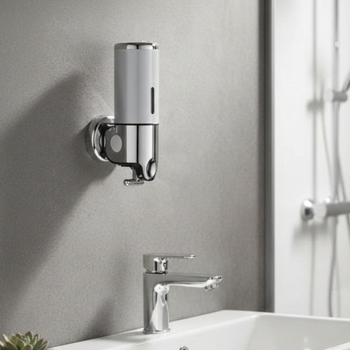 Dispensador de jabón de pared moderno, acero inoxidable, para baño.