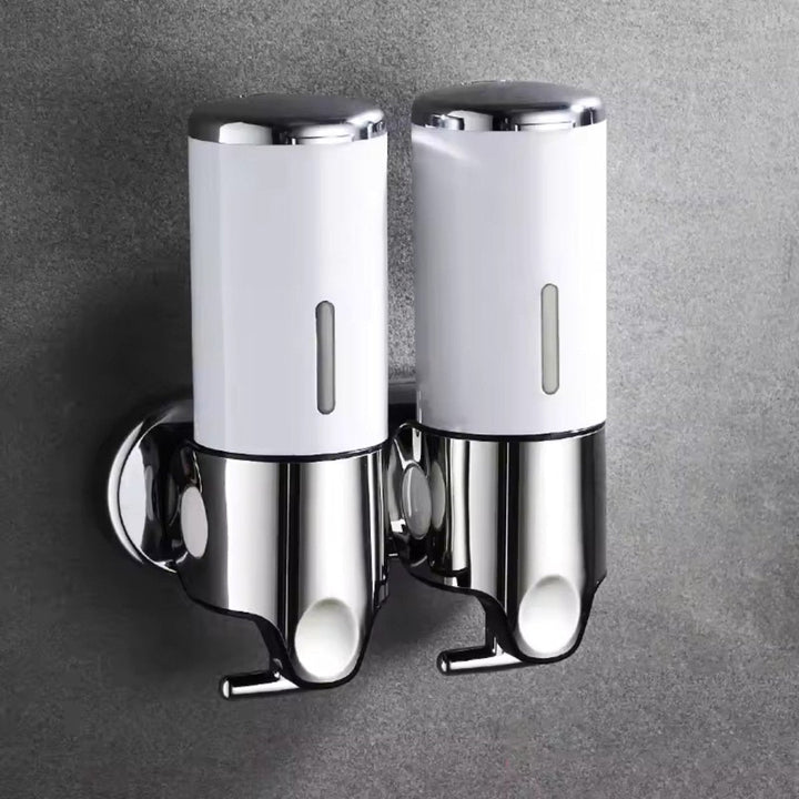 Dispensador de jabón de acero inoxidable, ahorro de espacio, diseño moderno para pared.