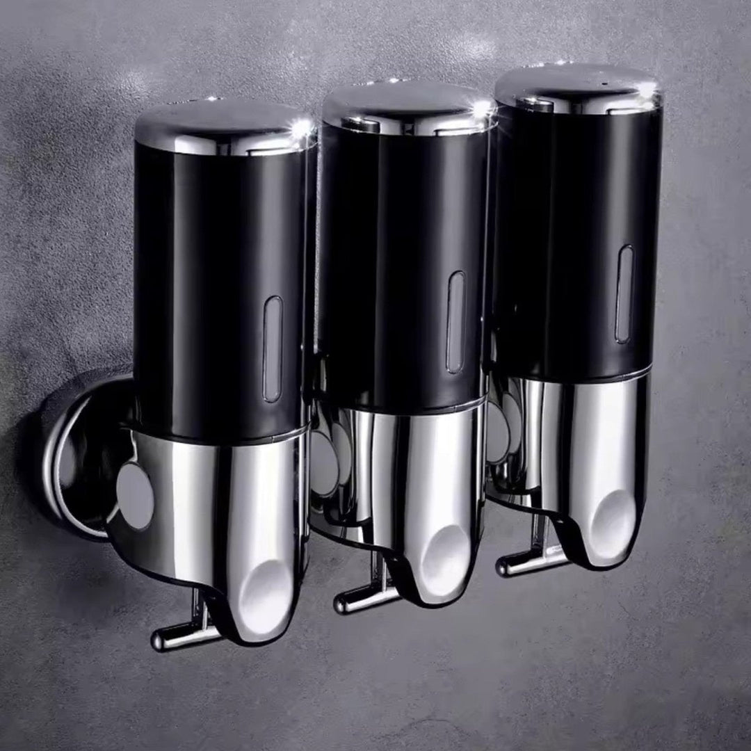 Dispensador de jabón estilo moderno, acero inoxidable, ideal para pared de cocina o baño.