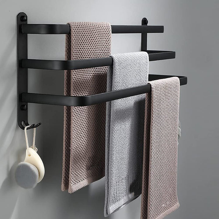 Estante de toallas de pared moderno para baño, acabado de aluminio. Ideal para organización.