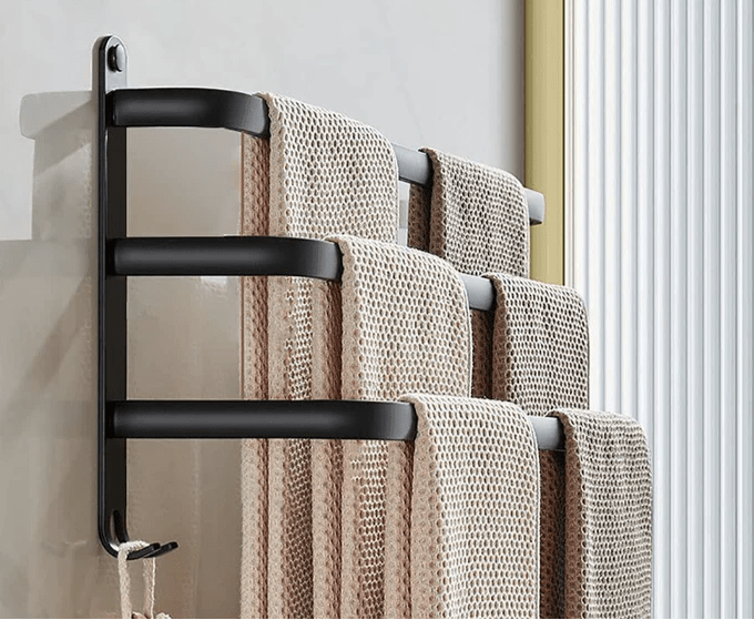 Estante de toallas de pared para baño, con aluminio cepillado, organización del hogar chic.