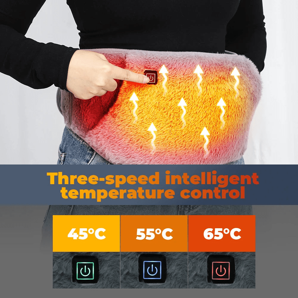 Alivio efectivo de calambres con cinturón calentador femenino, ideal para el dolor menstrual y abdominal.