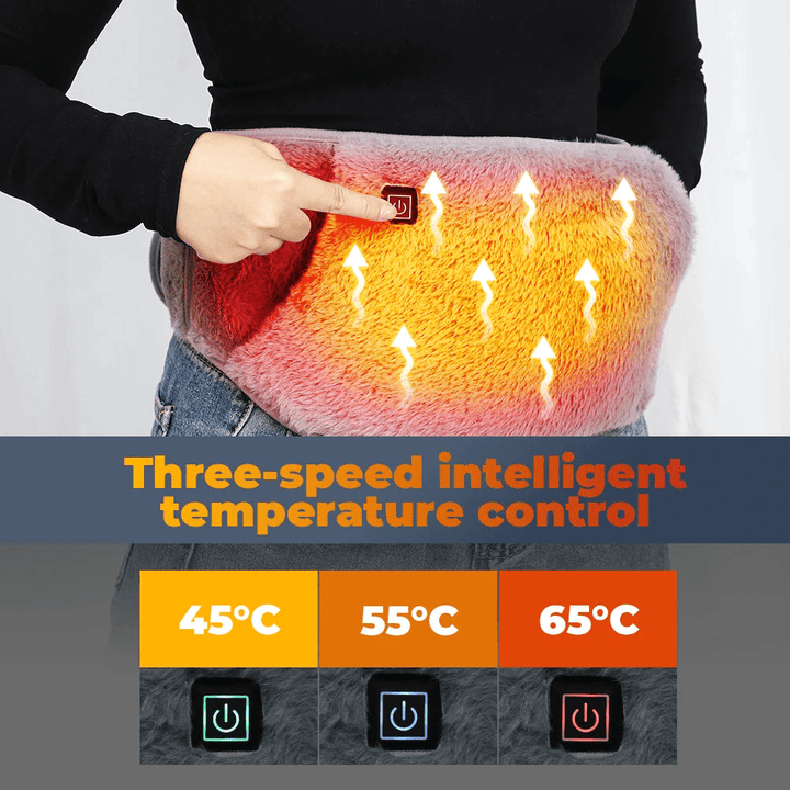 Alivio efectivo de calambres con cinturón calentador femenino, ideal para el dolor menstrual y abdominal.