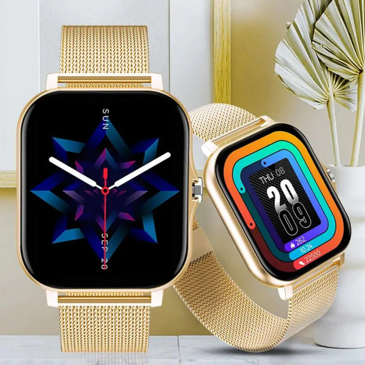 Reloj inteligente de mujer mostrando notificaciones de llamadas y mensajes, conectado al teléfono.