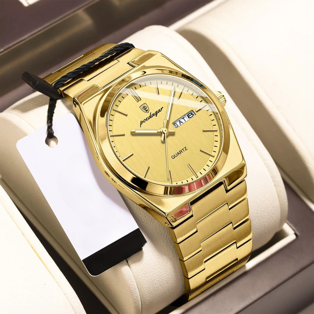 Reloj de hombre de lujo en caja de regalo, presentación elegante, perfecto accesorio masculino.