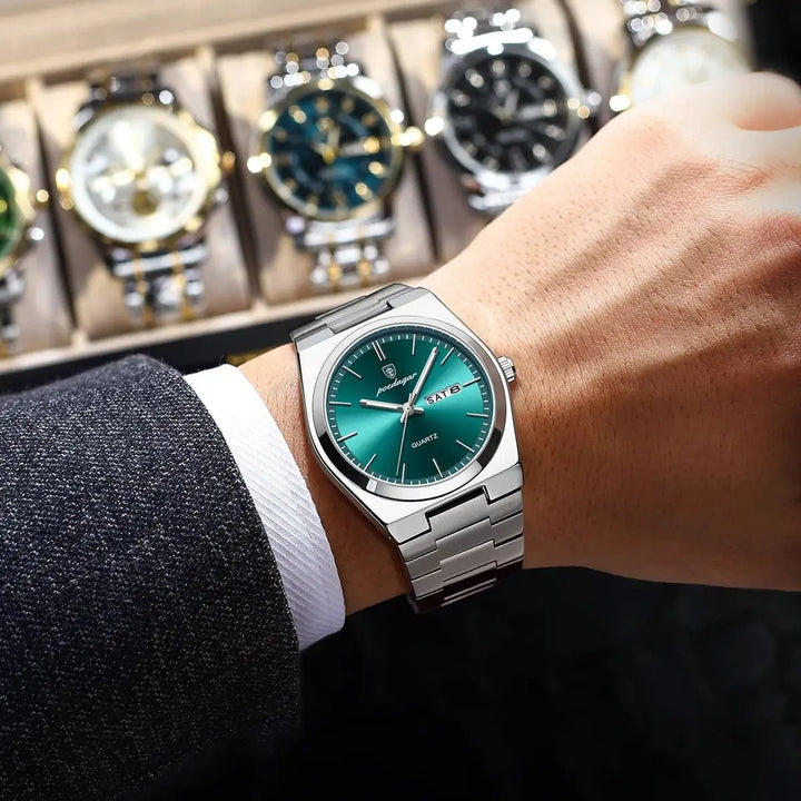 Reloj de hombre de acero inoxidable, con cierre desplegable seguro, comodidad y durabilidad para el día a día.