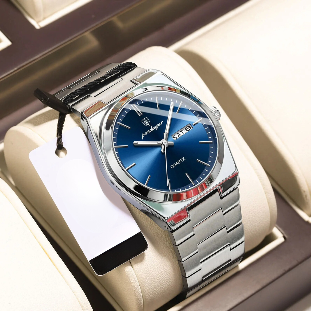 Reloj casual de acero inoxidable para hombre en la muñeca, resistente al agua, estilo moderno y masculino.