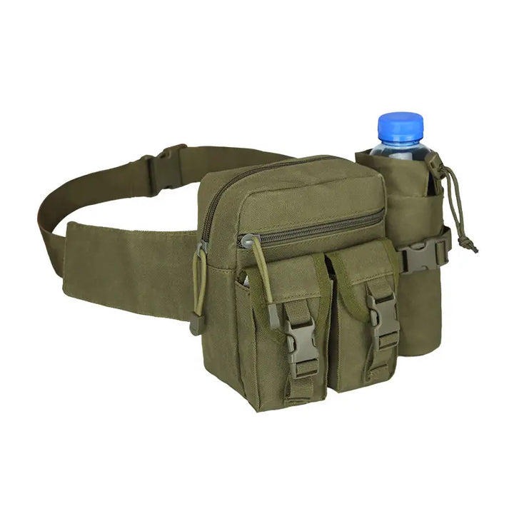 Detalle del cinturón deportivo impermeable para senderismo, con bolsillos organizadores y cremalleras. Ideal para viaje.