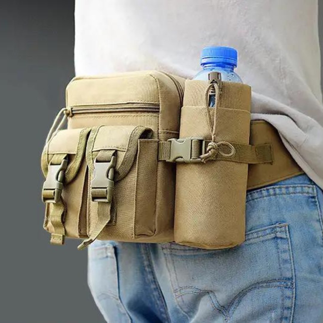 Cinturón de cintura ligero e impermeable para excursiones de senderismo. Práctico organizador de viaje con portabotella.