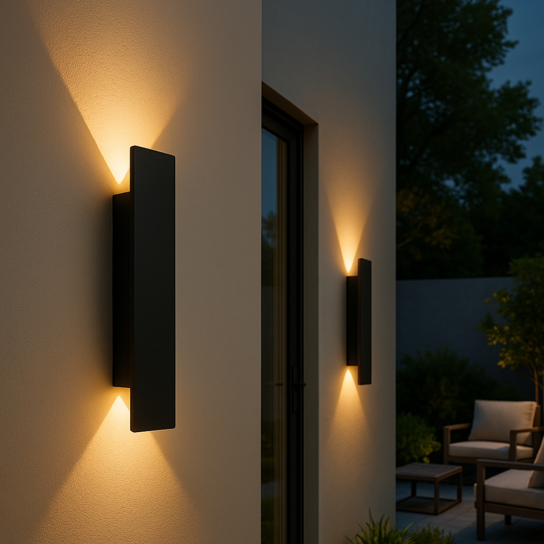 Aplique LED exterior minimalista para pared, iluminación eficiente y resistente a la intemperie. Ideal para jardín o fachada.