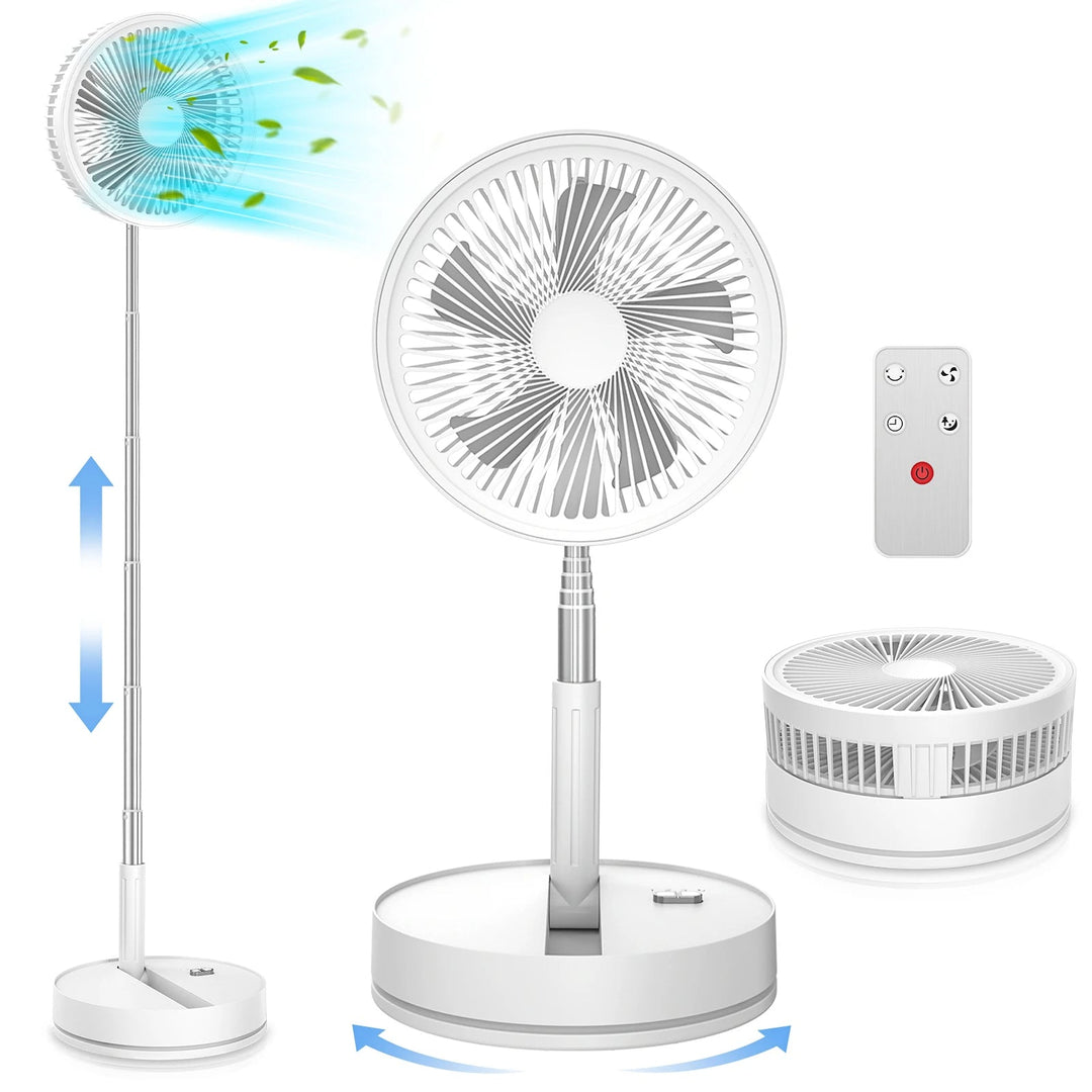 Ventilador recargable de larga duración, portátil y plegable, para enfriamiento en cualquier lugar.