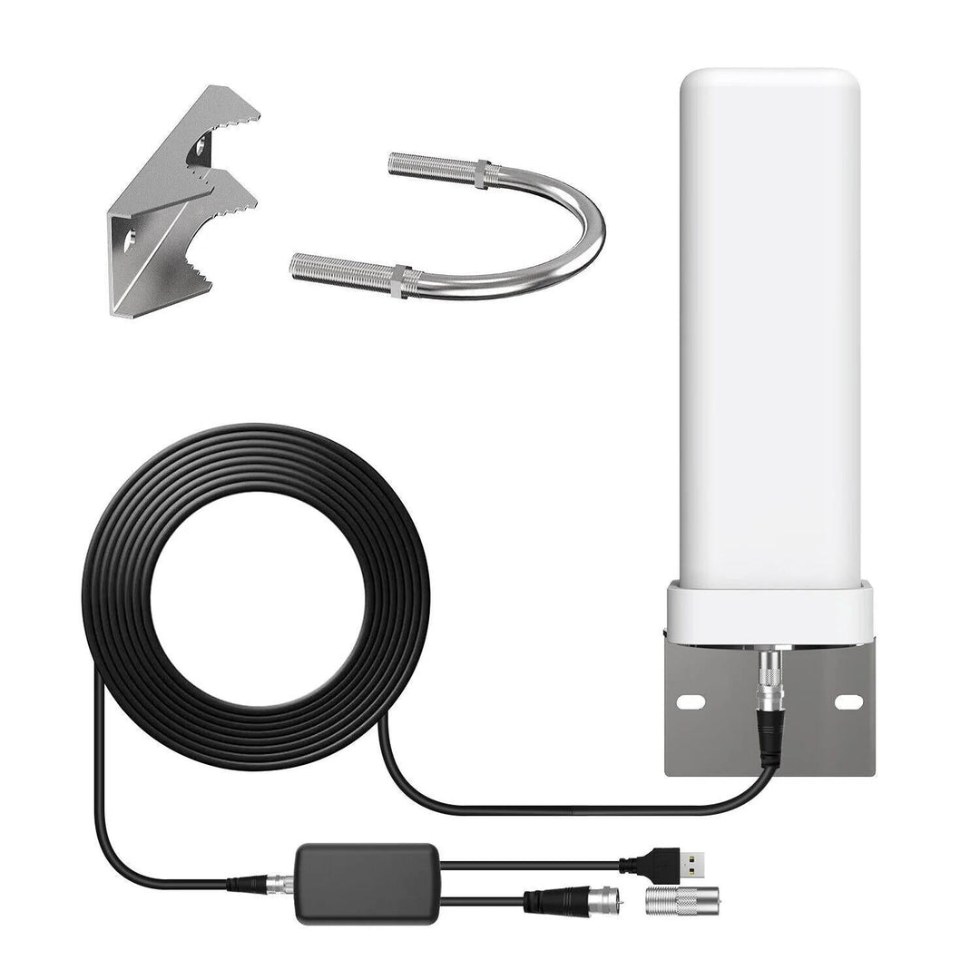 Antena exterior HDTV amplificada 360° para mejor recepción de canales digitales UHF/VHF. Disfruta TV gratis sin cable.