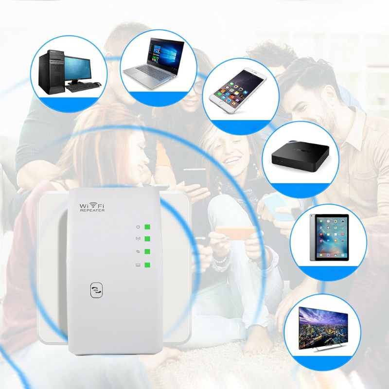 Extensor de señal WiFi eliminando zonas muertas y mejorando la cobertura en cada rincón del hogar.