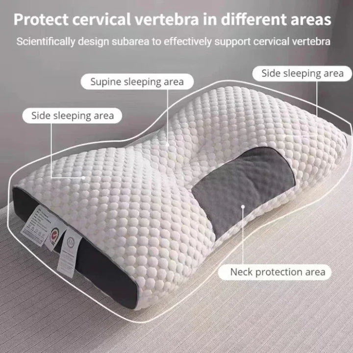 Textura suave de almohada ortopédica con masaje para un descanso confortable. Soporte para cuello en el hogar.