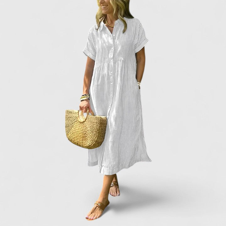 Vestido camisero de mujer con diseño de rayas, versátil para cualquier ocasión. Moda fresca.