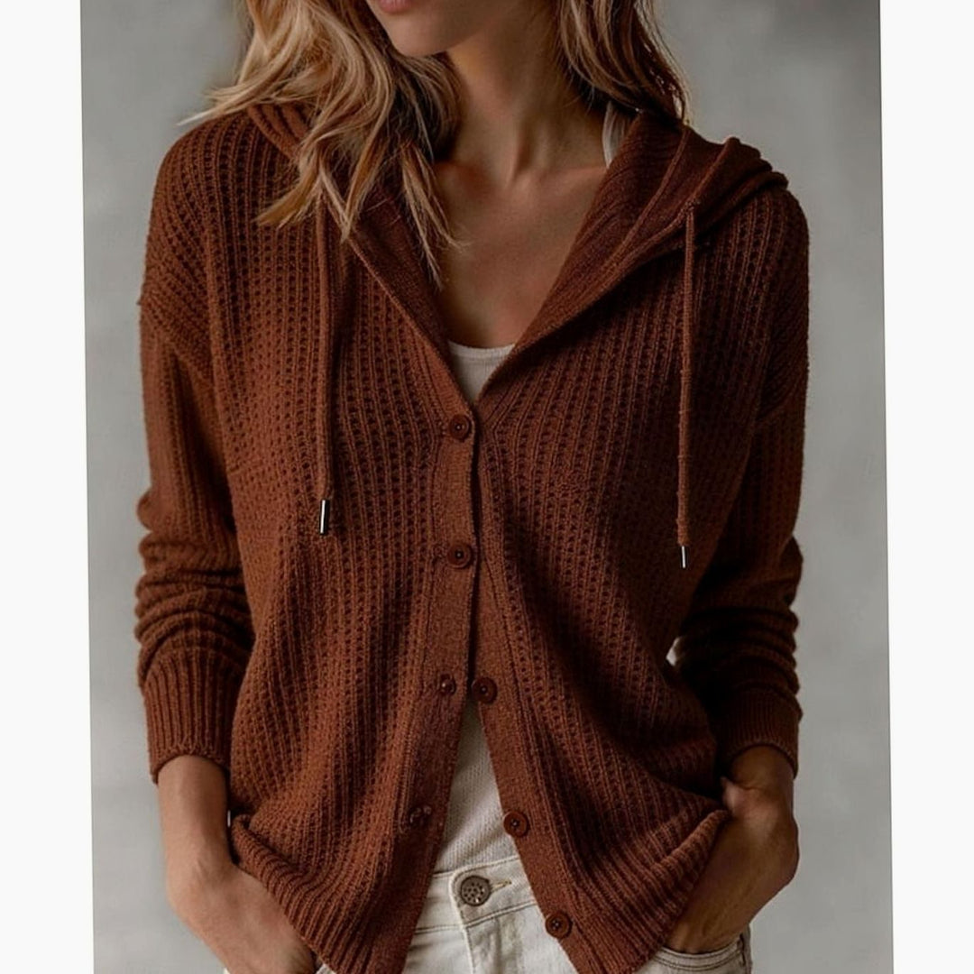 Cárdigan de punto gofre para mujer con capucha y botones. Ideal para otoño/invierno, estilo casual y abrigo ligero.